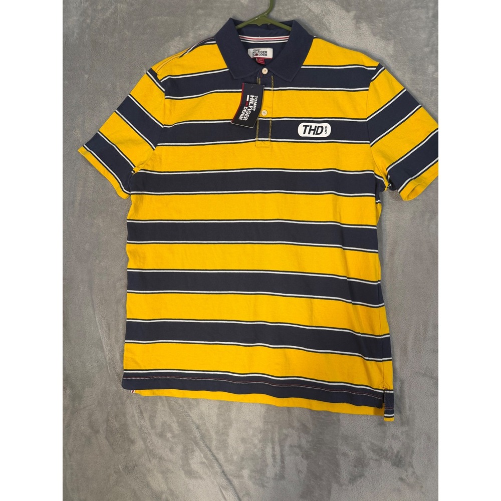 Tommy Hilfiger Denim Polo Shirt Mens Large Yellow Navy Blue Striped THD 85 New